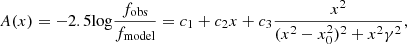 $$ \begin{aligned} A(x) = {-2.5 \mathrm{log}} \frac{f_{\rm obs}}{f_{\rm model}} = c_{1} + c_{2}x + c_{3}\frac{x^2}{(x^2-x_{0}^2)^2+x^2\gamma ^2}, \end{aligned} $$