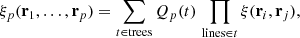 $$ \begin{aligned} \xi _{p}(\mathbf{r}_{1},\dots ,\mathbf{r}_{p})=\sum _{t\in \mathrm{trees}}Q_{p}(t)\,\prod _{\mathrm{lines}\in t}\xi (\mathbf{r}_{i},\mathbf{r}_{j}), \end{aligned} $$