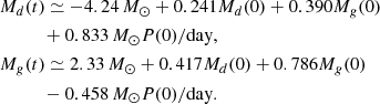 Mathematical equation: $$ \begin{aligned}&M_d(t)\simeq -4.24\, M_\odot +0.241M_d(0)+0.390M_g(0)\nonumber \\&\qquad \quad +0.833\, M_\odot P(0)/\mathrm{day} ,\nonumber \\&M_g(t)\simeq 2.33\, M_\odot +0.417M_d(0)+0.786M_g(0)\nonumber \\&\qquad \quad -0.458\, M_\odot P(0)/\mathrm{day} .\nonumber \end{aligned} $$