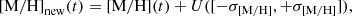 $$ \begin{aligned} \mathrm{[M/H]}_{\rm new}(t) = \mathrm{[M/H]}(t)+U([-\sigma _{\rm [M/H]}, +\sigma _{\rm [M/H]}]), \end{aligned} $$