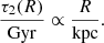 $$ \begin{aligned} \frac{\tau _2({R})}{\mathrm{Gyr}} \propto \frac{{R}}{\mathrm{kpc}}. \end{aligned} $$