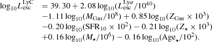 $$ \begin{aligned} \begin{array}{ll} \mathrm{log} _{10} L_{\mathrm{esc} }^{\mathrm{LyC}}&= 39.30 + 2.08\,\mathrm{log} _{10}(L_{\mathrm{esc} }^{\mathrm{Ly}\alpha }/10^{40}) \\&- 1.11\,\mathrm{log} _{10}(M_{\rm Gas}/10^{8}) + 0.85\,\mathrm{log} _{10}(Z_{\rm Gas}\times 10^{3}) \\&- 0.20\,\mathrm{log} _{10}(\mathrm{SFR}_{10}\times 10^{2}) - 0.21\,\mathrm{log} _{10}(Z_{\star }\times 10^{3}) \\&+ 0.16\,\mathrm{log} _{10}(M_\star /10^{6}) - 0.16\,\mathrm{log} _{10}(\mathrm {Age}_{\star } /10^{2}). \end{array} \end{aligned} $$