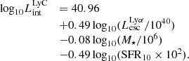 $$ \begin{aligned} \begin{array}{ll} \mathrm{log} _{10} L_{\mathrm{int} }^{\mathrm{LyC} }&= 40.96 \\&+ 0.49\,\mathrm{log} _{10}(L_{\mathrm{esc} }^{\mathrm{Ly}\alpha }/10^{40}) \\&- 0.08\,\mathrm{log} _{10}(M_\star /10^{6}) \\&- 0.49\,\mathrm{log} _{10}(\mathrm{SFR}_{10}\times 10^{2}). \\ \end{array} \end{aligned} $$