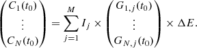 $$ \begin{aligned} \begin{pmatrix} C_1(t_0)\\ \vdots \\ C_N(t_0) \end{pmatrix} = \sum _{j=1}^{M} I_j \times \begin{pmatrix} G_{1,j}(t_0)\\ \vdots \\ G_{N,j}(t_0) \end{pmatrix} \times \Delta E. \end{aligned} $$