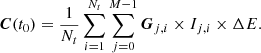 $$ \begin{aligned} \boldsymbol{C}(t_0) = \frac{1}{N_t} \sum _{i=1}^{N_t} \sum _{j=0}^{M-1} \boldsymbol{G}_{j,i} \times I_{j,i} \times \Delta E . \end{aligned} $$