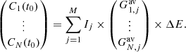 $$ \begin{aligned} \begin{pmatrix} C_1(t_0)\\ \vdots \\ C_N(t_0) \end{pmatrix} = \sum _{j=1}^{M} I_j \times \begin{pmatrix} G_{1,j}^\mathrm{av} \\ \vdots \\ G_{N,j}^\mathrm{av} \end{pmatrix} \times \Delta E . \end{aligned} $$