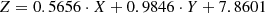$$ \begin{aligned} Z = 0.5656 \cdot X + 0.9846 \cdot Y + 7.8601 \end{aligned} $$