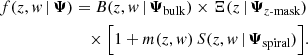 $$ \begin{aligned} \begin{split} f(z,{ w}\,|\,\boldsymbol{\Psi })&= B(z,{ w}\,|\,\boldsymbol{\Psi }_{\rm bulk}) \times \Xi (z \, | \, \boldsymbol{\Psi }_{z\text{-mask}}) \\&\quad \times \Big [ 1 + m(z,{ w})\, S(z,{ w}\,|\,\boldsymbol{\Psi }_{\rm spiral}) \Big ]. \end{split} \end{aligned} $$