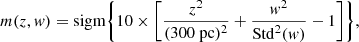 $$ \begin{aligned} m(z,{ w}) = \mathrm{sigm}\Bigg \{ 10 \times \Bigg [ \frac{z^2}{(300\ \mathrm{pc})^2} + \frac{{ w}^2}{\mathrm{Std}^2({ w})} -1 \Bigg ] \Bigg \} , \end{aligned} $$