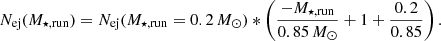 $$ \begin{aligned} N_\mathrm{ej} (M_{\star ,\mathrm{run} }) = N_\mathrm{ej} (M_{\star ,\mathrm{run} }=0.2\,{M}_\odot )*\left(\frac{-M_{\star ,\mathrm{run} }}{0.85\,{M}_\odot } +1+\frac{0.2}{0.85} \right). \end{aligned} $$