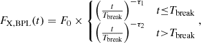 Mathematical equation: $$ \begin{aligned} F_{\rm X,BPL}(t)=F_0\times \left\{ \begin{matrix} \left(\frac{t}{T_{\text{break}}}\right)^{-\tau _1}&t{\le }T_{\text{break}} \\ \left(\frac{t}{T_{\text{break}}}\right)^{-\tau _2}&t{>}T_{\text{break}} \end{matrix}\right., \end{aligned} $$
