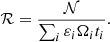 Mathematical equation: $$ \begin{aligned} \mathcal{R} =\frac{\mathcal{N} }{\sum _i\varepsilon _i\Omega _it_i}. \end{aligned} $$