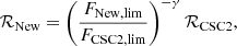 Mathematical equation: $$ \begin{aligned} \mathcal{R} _{\rm New}=\left(\frac{F_{\rm New,lim}}{F_{\rm CSC2,lim}}\right)^{-\gamma }\mathcal{R} _{\rm CSC2}, \end{aligned} $$