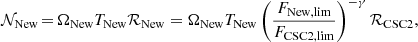 Mathematical equation: $$ \begin{aligned} \mathcal{N} _{\rm New}\,{=}\,\Omega _{\rm New} T_{\rm New}\mathcal{R} _{\rm New}=\Omega _{\rm New} T_{\rm New}\left(\frac{F_{\rm New,lim}}{F_{\rm CSC2,lim}}\right)^{-\gamma }\mathcal{R} _{\rm CSC2}, \end{aligned} $$
