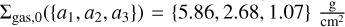 ${\Sigma _{{\rm{gas,0}}}}\left( {\left\{ {{a_1},{a_2},{a_3}} \right\}} \right) = \left\{ {5.86,2.68,1.07} \right\}{{\rm{g}} \over {{\rm{c}}{{\rm{m}}^{\rm{2}}}}}$