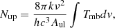 $$ \begin{aligned} N_{\rm up} = \frac{8\pi k \nu ^2}{hc^3 A_{\rm ul}} \int T_{\rm mb} dv, \end{aligned} $$