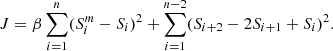 Mathematical equation: $$ \begin{aligned} J = \beta \sum _{i=1}^{n}(S_{i}^{m}-{S}_{i})^2+\sum _{i=1}^{n-2}(S_{i+2}-2S_{i+1}+S_{i})^2. \end{aligned} $$