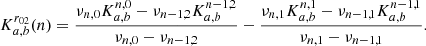 $$ \begin{aligned} K_{a,b}^{r_{02}}(n)&= \frac{\nu _{n,0}K_{a,b}^{n,0}-\nu _{n-1,2}K_{a,b}^{n-1,2}}{\nu _{n,0}-\nu _{n-1,2}} - \frac{\nu _{n,1}K_{a,b}^{n,1}-\nu _{n-1,1}K_{a,b}^{n-1,1}}{\nu _{n,1}-\nu _{n-1,1}}. \end{aligned} $$