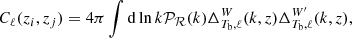 $$ \begin{aligned} C_\ell (z_i, z_j) = 4 \pi \int \mathrm{d} \ln k \mathcal{P} _{\mathcal{R} }(k) \Delta ^W_{T_{\rm b}, \ell } (k,z) \Delta ^{W^{\prime }}_{T_{\rm b}, \ell } (k,z), \end{aligned} $$