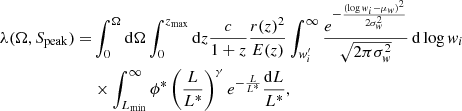 $$ \begin{aligned} \lambda (\Omega ,S_{\rm peak}) =&\int _0^\Omega \mathrm{d}\Omega \int _0^{z_{\rm max}}\mathrm{d}z \frac{c}{1+z}\frac{r(z)^2}{E(z)}\int _{{ w}_i^\prime }^\infty \frac{e^{-\frac{(\log { w}_i - \mu _{ w})^2}{2\sigma _{ w}^2}}}{\sqrt{2\pi \sigma _{ w}^2}}\,\mathrm{d}\log { w}_i\nonumber \\&\times \int _{L_{\rm min}}^{\infty }\phi ^*\left(\frac{L}{L^*}\right)^\gamma e^{-\frac{L}{L^*}}\frac{\mathrm{d}L}{L^*}, \end{aligned} $$