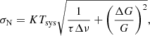 $$ \begin{aligned} {\sigma _{\rm N}} = K{T_{\rm sys}}\sqrt{\frac{1}{{\tau \Delta \nu }} + {{\left({\frac{{\Delta G}}{G}}\right)}^2}}, \end{aligned} $$