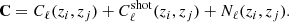 $$ \begin{aligned} \mathbf C = C_{\ell }(z_i, z_j) + C_{\ell }^\mathrm{shot}(z_i, z_j) + N_{\ell }(z_i, z_j). \end{aligned} $$