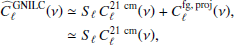 $$ \begin{aligned} \widehat{C}_{\ell }^{\,\mathrm{GNILC} }(\nu )&\simeq S_\ell \, C_{\ell }^{\mathrm{21\ cm} }(\nu ) + C_{\ell }^\mathrm{fg,\, proj }(\nu ),\nonumber \\&\simeq S_\ell \, C_{\ell }^{\mathrm{21\ cm} }(\nu ), \end{aligned} $$
