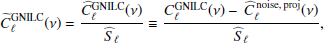 $$ \begin{aligned} \widetilde{C}^{{\mathrm{GNILC} }}_\ell (\nu ) = {\widehat{C}^{{\mathrm{GNILC} }}_\ell (\nu ) \over \widehat{S}_\ell } \equiv {C^{{\mathrm{GNILC} }}_\ell (\nu ) - \, \widehat{C}_\ell ^{\,\mathrm{noise, \,proj }}(\nu ) \over \widehat{S}_\ell }, \end{aligned} $$