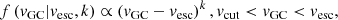 $$ \begin{aligned} f\left(v_{\rm GC}| v_{\rm esc}, k\right) \propto \left(v_{\rm GC} - v_{\rm esc}\right)^{k}, v_{\rm cut} < v_{\rm GC} < v_{\rm esc}, \end{aligned} $$