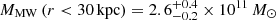 $ M_{\mathrm{MW}} \left(r < 30\,\mathrm{kpc} \right) = 2.6^{+0.4}_{-0.2} \times 10^{11}\,M_{\odot} $