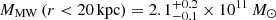 $ M_{\mathrm{MW}} \left(r < 20\,\mathrm{kpc} \right) = 2.1^{+0.2}_{-0.1} \times 10^{11}\,M_{\odot} $