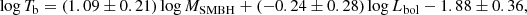 $$ \begin{aligned} \log {T_{\rm b}}=(1.09\pm 0.21)\log {M_{\rm SMBH}} + (-0.24\pm 0.28) \log {L_{\rm bol}} - 1.88\pm 0.36, \end{aligned} $$
