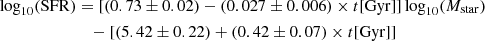 $$ \begin{aligned}\log _{10}(\mathrm{SFR})&= [(0.73 \pm 0.02) - (0.027 \pm 0.006) \times t[\mathrm{Gyr}] ] \log _{10}(M_{\rm star}) \nonumber \\&\quad - [(5.42 \pm 0.22) + (0.42 \pm 0.07)\times t[\mathrm{Gyr}]] \end{aligned} $$