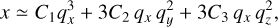 $ x \simeq {C_1}q_x^3 + 3{C_2}{q_x}q_y^2 + 3{C_3}{q_x}q_z^2, $