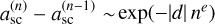 $a_{{\rm{sc}}}^{\left( n \right)} - a_{{\rm{sc}}}^{\left( {n - 1} \right)}\~{\rm{exp}}\left( { - \left| d \right|{n^e}} \right)$