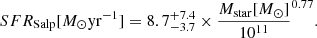$$ \begin{aligned} SFR_{\rm Salp} [M_\odot \mathrm{yr}^{-1}] = 8.7^{+7.4}_{-3.7} \times \frac{M_{\rm star} [M_\odot ]}{10^{11}}^{0.77}. \end{aligned} $$