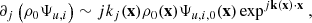 $$ \begin{aligned} \partial _j \left( \rho _0 \Psi _{u,i} \right) \sim {j}k_j(\mathbf x ) \rho _0(\mathbf x ) \Psi _{u,i,0}(\mathbf x ) \exp ^{{j}\mathbf k (\mathbf x )\cdot \mathbf x }\ , \end{aligned} $$