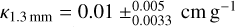 ${\kappa _{1.3{\rm{mm}}}} = 0.01 \pm _{0.0033}^{0.005}{\rm{cm}}\,{{\rm{g}}^{ - 1}}$