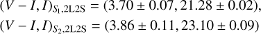 Mathematical equation: $ \matrix{ {{{\left( {V - I,I} \right)}_{{S_1},2{\rm{L2S}}}} = \left( {3.70 \pm 0.07,21.28 \pm 0.02} \right),} \cr {{{\left( {V - I,I} \right)}_{{S_2},2{\rm{L2S}}}} = \left( {3.86 \pm 0.11,23.10 \pm 0.09} \right)} \cr } $