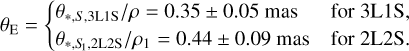 Mathematical equation: $ {\theta _{\rm{E}}} = \left\{ {\matrix{ {{\theta _{*,S,3L1S}}/\rho = 0.35 \pm 0.05\,{\rm{mas}}} &amp; {{\rm{for}}\,3{\rm{L1S,}}} \cr {{\theta _{*,{S_1},2L2S}}/{\rho _1} = 0.44 \pm 0.09\,{\rm{mas}}} &amp; {{\rm{for}}\,2{\rm{L2S}}{\rm{.}}} \cr } } \right. $