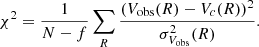 $$ \begin{aligned} \chi ^2 = \frac{1}{N-f} \sum _{R} \frac{(V_{\mathrm{obs} }(R) - V_c(R))^2}{\sigma _{V_{\mathrm{obs} }}^2(R)}. \end{aligned} $$
