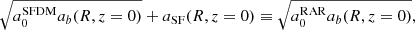 $$ \begin{aligned} \sqrt{a_0^{\mathrm{SFDM} } a_b(R,z=0)} + a_{\mathrm{SF} }(R,z=0) \equiv \sqrt{a_0^{\mathrm{RAR} } a_b(R,z=0)}, \end{aligned} $$