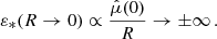 $$ \begin{aligned} \varepsilon _*(R\rightarrow 0) \propto \frac{\hat{\mu }(0)}{R} \rightarrow \pm \infty \,. \end{aligned} $$