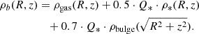 $$ \begin{aligned} \rho _b(R,z)&= \rho _{\mathrm{gas} }(R,z) \nonumber + 0.5 \cdot Q_* \cdot \rho _*(R,z) \nonumber \\&\quad + 0.7 \cdot Q_* \cdot \rho _{\mathrm{bulge} }(\sqrt{R^2+z^2}). \end{aligned} $$