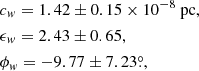 $$ \begin{aligned}&c_{ w} = 1.42\pm 0.15\times 10^{-8} \ \mathrm{pc} , \nonumber \\&\epsilon _{ w}= 2.43 \pm 0.65, \\&\phi _{ w}= -9.77 \pm 7.23 \overset{\circ }{.}, \nonumber \end{aligned} $$