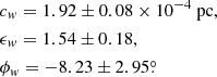 $$ \begin{aligned}&c_{ w} = 1.92 \pm 0.08 \times 10^{-4} \ \mathrm{pc} , \nonumber \\&\epsilon _{ w}= 1.54 \pm 0.18, \\&\phi _{ w}= -8.23 \pm 2.95 \overset{\circ }{.}\ \nonumber \end{aligned} $$