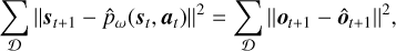 $ {\sum\limits_{\cal D} {\left\| {{s_{t + 1}} - {{\hat p}_\omega }\left( {{s_t},{{\bf{a}}_t}} \right)} \right\|} ^2} = {\sum\limits_{\cal D} {\left\| {{o_{t + 1}} - {{\hat o}_{t + 1}}} \right\|} ^2}, $