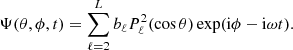 $$ \begin{aligned} \Psi (\theta ,\phi ,t)=\sum _{\ell =2}^{L}b_\ell P_\ell ^2(\cos \theta ) \exp ( \mathrm{i} \phi - \mathrm{i} \omega t) . \end{aligned} $$