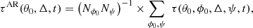 Mathematical equation: $$ \begin{aligned} \tau ^{\mathrm{AR} }(\theta _0,\Delta ,t) = \left(N_{\phi _0}N_\psi \right)^{-1} \times \sum \limits _{\phi _0,\psi } \; \tau (\theta _0,\phi _0,\Delta ,\psi ,t), \end{aligned} $$