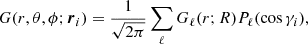 Mathematical equation: $$ \begin{aligned} G(r,\theta ,\phi ; {\boldsymbol{r}}_i) = \frac{1}{\sqrt{2\pi }} \sum _{\ell } G_\ell (r; R) P_\ell (\cos \gamma _i), \end{aligned} $$